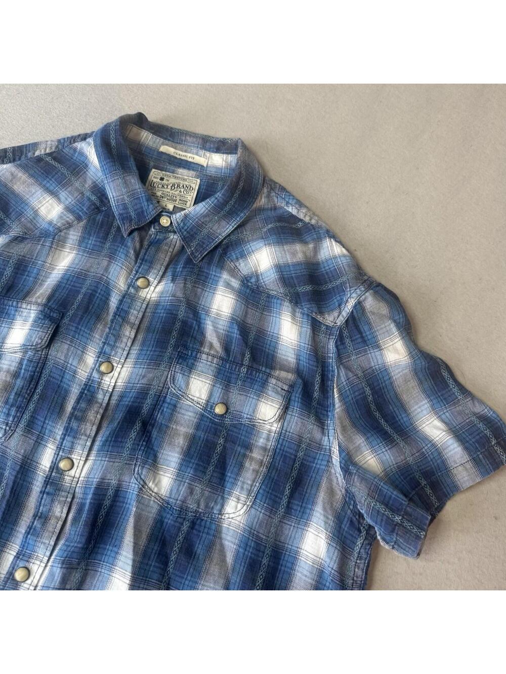 Lucky Brand Plaid Shirt Mens Large Blue Short Sleeve Western Snap Button